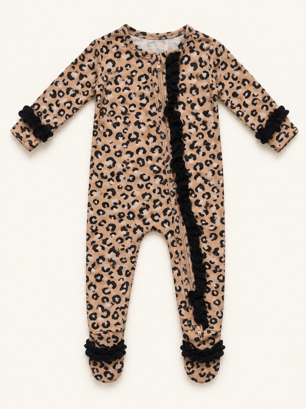 Leopard Ruffle Footie One-Piece - Tan/Black
